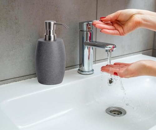 Clasin Home Sandstone Textured Resin Soap Dispenser with Metallic Pump and Waterproof Bottle Labels for Bathroom Kitchen Dish Hand Wash Shower Lotion Shampoo, 12 Oz, 2 Sets Gray - color: Dark Gray_2 Pcs