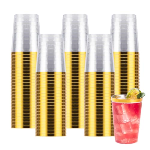 Goodluck 100PCS 10oz Gold Plastic Cups for Party, Disposable Gold Rim Cups | Plastic Cocktail Glasses for Wedding Thanksgiving, Christmas, and Parties - color: Gold-10oz, size: 100 Pack