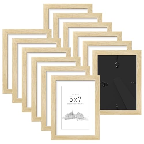 5x7 Solid Wood Frame Set of 12, Oak Wood Grain Gallery Wall | Fits 4x6 Photos With Mat or 5x7 Without Mat, Black Backboard, Vertical or Horizontal Wall Mount, Tabletop, Easy Opening - color: Natural Wood Grain, size: 5x7" (12 Pack)