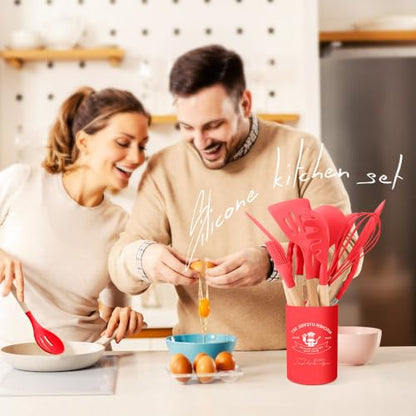 Kitchen Utensils Set Silicone Kitchen Utensils Set with Wooden Handle Utensils for Cooking Heat Resistant Silicone Non-Stick Cookware BPA FREE (Red) - color: Red