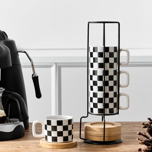 LUKA Porcelain Stackable Black and White Checkered Espresso Cups with Saucers and Metal Stand, 4 Ounce Small Ceramic Demitasse Cups Set for Coffee Drinks, Latte, Tea - Set of 4, White Interior - color: 4WG-White & Black