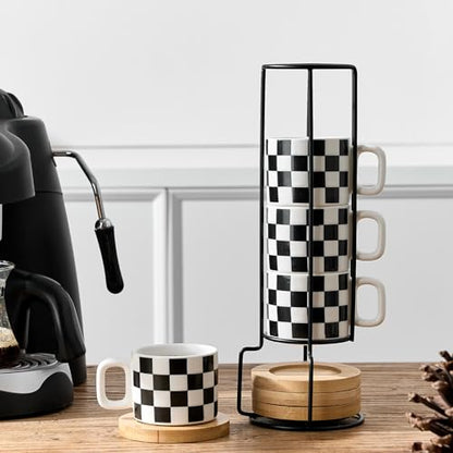 LUKA Porcelain Stackable Black and White Checkered Espresso Cups with Saucers and Metal Stand, 4 Ounce Small Ceramic Demitasse Cups Set for Coffee Drinks, Latte, Tea - Set of 4, White Interior - color: 4WG-White & Black