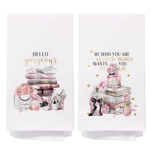 SPBL&L Hello Gorgeous Towels, Black and Pink Bathroom Decor, Women Fashion Hand Towels Set of 2, Girly Accessories, 16x24 Inches - color: Bathroom-gorgeous