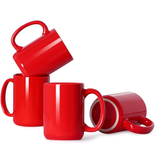 16 OZ Coffee Mugs, Classic Blank Ceramic Cup with Large Handle for Tea Latte Cappuccino, Set of 4, Red - color: Red