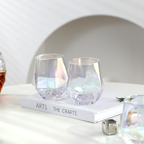 BACLIFE Hand Blown Stemless Wine Glasses Set of 6 – 10 oz Crystal Red Wine Glass – Premium Iridescent Diamond Shaped Drinking Glasses in Gift Box – Unique Gift for Wedding, Anniversary, Father's Day | 10 oz Hand Blown Red Wine Glasses, Unique Gift for Wed