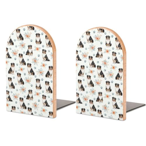 Wood Book Ends Heavy Duty Bookends Support with Metal Base, Australian | Shepherd Cute Dog Floral, Book Stopper, Non-Slip and Sturdy, Decorative for Home Office and Library - color: Style(624)