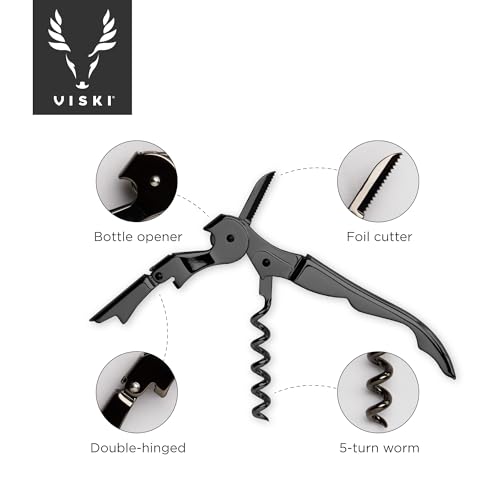 Viski Gunmetal Signature Double Hinged Waiters Corkscrew Wine Opener, Stainless Steel with Built-in Bottle Opener & Foil Cutter for Home Bar, Kitchen, Travel, Gifts for Wine Lovers, Set of 1, Black - style: Gunmetal Black