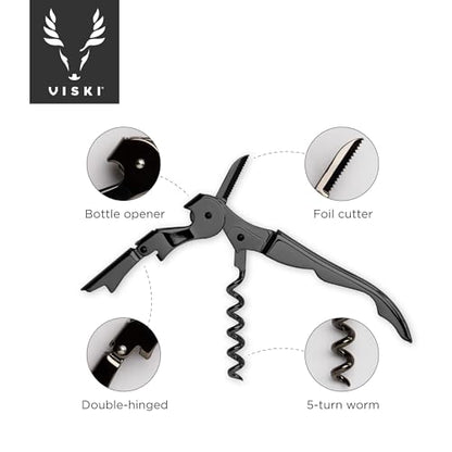Viski Gunmetal Signature Double Hinged Waiters Corkscrew Wine Opener, Stainless Steel with Built-in Bottle Opener & Foil Cutter for Home Bar, Kitchen, Travel, Gifts for Wine Lovers, Set of 1, Black - style: Gunmetal Black