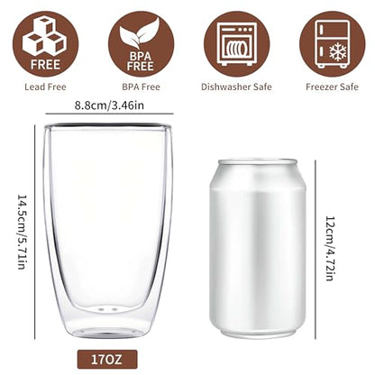 MESNEY 17oz Double Walled Glass Coffee Mugs, Insulated Clear Cappuccino Latte Glass Coffee Mugs for Home, Cafe & Restaurant, Durable Stackable Drinking Glasses - size: 17 Ounces