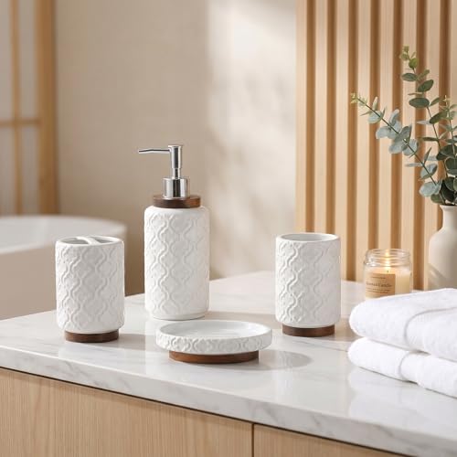 RQYIXI Ceramic 4-Piece Bathroom Accessories Set,White | Countertop Essentials Embossed Textured Design Solid Wood Non-Slip Detail Pearl White Finish - color: White, size: Embossed Textured-4-Piece