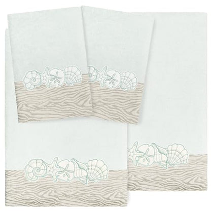 Seaside 4-Piece Luxury Towel Set, Sparkling Seashell Applique, Plush Turkish Cotton, Durable & Quick Dry, Nautical Bath Ensemble, 2 Bath 2 Hand Towels, Aqua - color: Aqua, size: 2 Pcs Bath 2 Pcs Hand Towel
