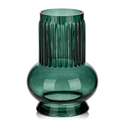 Blue Green Large Glass Vase for Flowers, 7" H x 3.5"/4.7" W Ribbed Vase Modern Wide Mouth Vase Flower Vases Decorative Glass Vases for Centerpieces Mantel Shelf Table Home Decor - color: 7" X 3.5" Blue Green