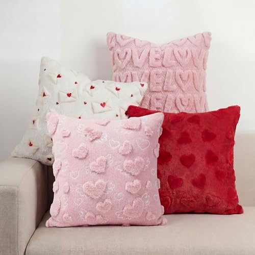 Tiamon 4 Pcs Valentines Throw Pillow Covers 18 x 18 Inch 3D Embroidered Plush Pink Red Hearts Pillow Cases Valentine's Day Love Fluffy Faux Fur Cushion Covers for Sofa Couch Wedding Anniversary Party - style: Valentines