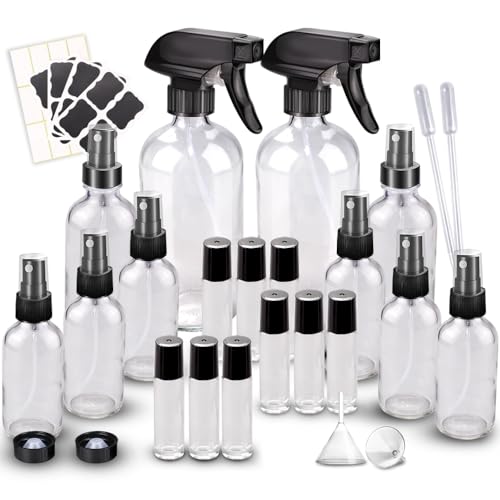 Loretoy Glass Spray Bottle Kit×10 (2×16 oz, 2×4 oz, 6×2 oz), 9×10 ml Roller Bottles, Anti UV, Multi Size and Versatile, Suitable for Aromatherapy, Facial Moisturizing, Watering, etc.(Clear) - color: Clear