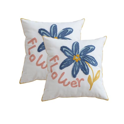 YIcabinet Pillow Covers Set of 2, Embroidered Blue Flower Pattern Throw Pillow Cover,Square Cotton Cushion,Pillow Case for Sofa Bedroom Couch,18"x18" - color: Blue18