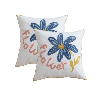 YIcabinet Pillow Covers Set of 2, Embroidered Blue Flower Pattern Throw Pillow Cover,Square Cotton Cushion,Pillow Case for Sofa Bedroom Couch,18"x18" - color: Blue18