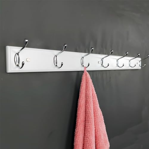 Wooden Wall Mounted Coat Rack – 35 Inch, White with 7 Silver Hooks for Entryway, Hallway, Bedroom - size: Long-35.4in(90cm),7 Silver Hooks, style: Modern