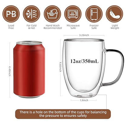 CNGLASS 12oz Double Walled Glass Coffee Mugs,Insulated Glass Mugs with Handle,Clear Espresso Cups for Latte,Cappuccino,Tea Bag,Set of 2 - color: 12oz(2-pack)