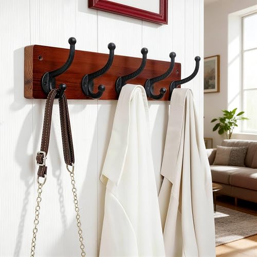 WEBI Rustic Coat Rack Wall Mount,5 Cast Iron Coat Hooks Wall Mounted,Heavy Duty Wood Wall Coat Hanger Hooks for Hanging Coats,Jacket,Clothes,Backpack,Farmhouse,Cherry - color: Cherry, size: 17 Inch