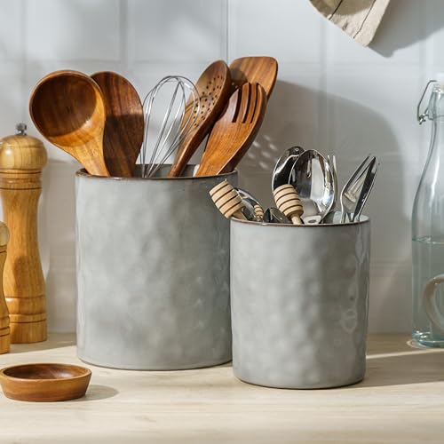 famiware Ceramic Utensil Holder, 7.2"+5.8", Set of 2, Gray | Cooking Utensil Crocks, Organizer for Spatula & Spoon, Kitchen Decor, Countertop Storage, Stable and Non-Slip, Reactive Glaze - color: Gray