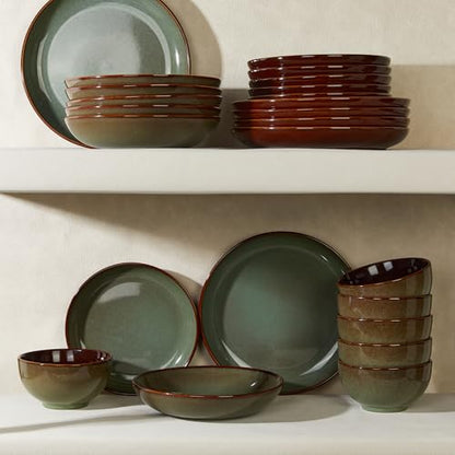 16 Piece Double Bowl Dinnerware Sets with Pasta Bowls, Highly Chip and Crack Resistant Plates and Bowls Sets, Natural Earthyware Ceramic Dishware Sets, Service for 4 Sage Green - color: Sage Green, size: Set (16pcs)