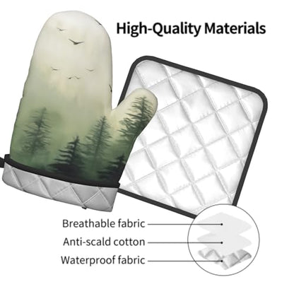 Giwawa Green Misty Forest Oven Mitts and Pot Holder Set of 2 Mountain Woodland Heat Resistant Kitchen Gloves Hot Pad for Baking Cooking Microwave - color: Green Forest