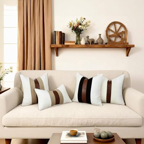 Boucle Pillow Covers with Faux Leather Accents 18"x18" Set of 2, White and Khaki Decorative Pillow Covers with Faux Linen Patchwork Modern Farmhouse Cushion Covers for Couch Sofa Bed Home | Set of 2 Modern Brown Faux Leather Pillow Covers, Boho Farmhouse