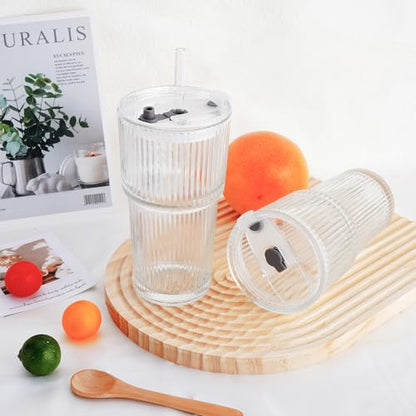 2PCS 20oz Glass Cups with Lids and Straws, Iced Coffee Cups with Lids, Stylish Ribbed Thick Drinking Glasses Tumbler for Juice, Smoothies, Cold Beverages, Cute Cup Gifts with Clean Brush - color: Clear Glass 2PCS