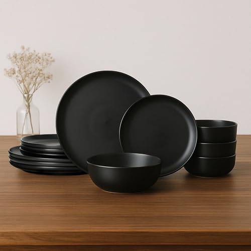 12-Piece Stoneware Dinnerware Set with Mugs | Microwave and Dishwasher Friendly | Stackable Matte Glaze Plates & Bowls | Service for 3 (Black for 4) - color: Black for 4