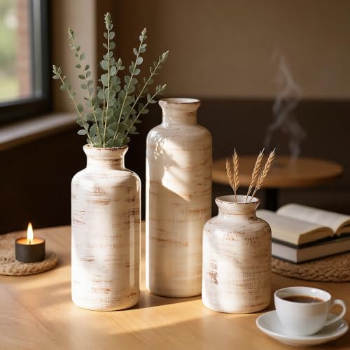 Nicunom Ceramic Vase Set of 3, Rustic Ceramic Flower Vase for Home Decor, Boho Decorative vase for Room, Centerpiece,Table, Shelf, Mantel and Entryway Decor