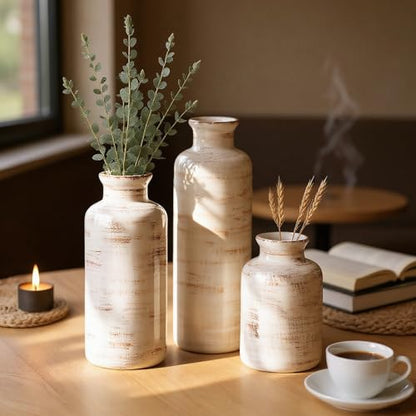 Nicunom Ceramic Vase Set of 3, Rustic Ceramic Flower Vase for Home Decor, Boho Decorative vase for Room, Centerpiece,Table, Shelf, Mantel and Entryway Decor