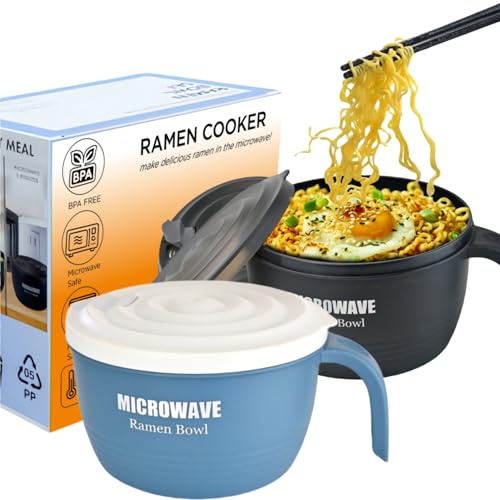 Layron 2 Sets Microwave Ramen Cooker Bowl 45 oz Instant Noodle Bowl with Handles Ramen Noodle Cooker with Spoon Chopsticks Fork Knife College Dorm Room Essentials (Black, Blue) - color: blue-black