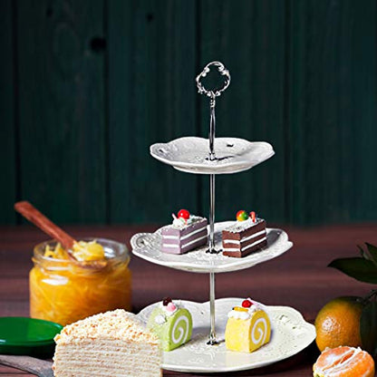 3-Tier Porcelain Cupcake Stand Serving Tray - White Embossed Elegant Dessert Cake Stand - Pastry Serving Stand for Tea Party, Wedding and Birthday