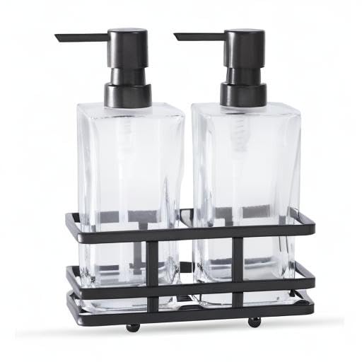 Square Glass Clear Lotion and Soap Pump Dispenser Set with Metal Stand Caddy for Bathroom Bath Kitchen Home Office Travel Hotel Hand Crafted Heavy Weight Oil Rubbed Bronze - color: Oil Rubbed Bronze