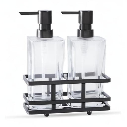 Square Glass Clear Lotion and Soap Pump Dispenser Set with Metal Stand Caddy for Bathroom Bath Kitchen Home Office Travel Hotel Hand Crafted Heavy Weight Oil Rubbed Bronze - color: Oil Rubbed Bronze