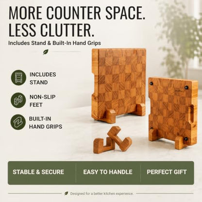 SHUMARU Mahogany End Grain Cutting Board 12.6×12.6×2 in with Holder – Handmade Checkered Butcher Block, Knife-Friendly, Non-Slip Feet, Ergonomic Handles - color: Mahogany | End Grain, size: 12.6"L x 12.6"W x 2"T