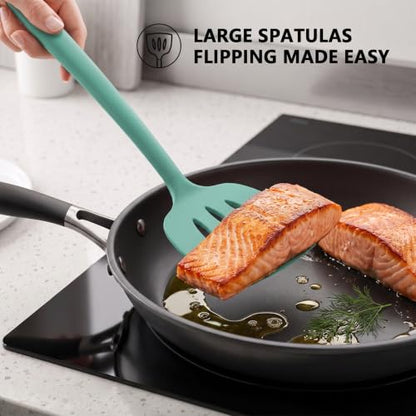 Coukre 3 Pack Silicone Spatula Set, Heat Resistant to 500°F, BPA-Free | Fish Spatula, Solid & Slotted Turners, Dishwasher Safe, Spatula Set for Eggs, Pancakes, Fish & Burgers, PureAquaGreen - color: PureAquaGreen