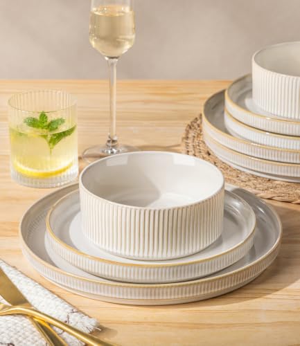 GBHOME Stoneware Dinnerware Sets for 4, 12 Pieces Plates and Bowls Set | Lightweight Ceramic Ribbed Dishes,Reactive Glaze Stackable Plate Set,Scratch Resistant,Microwave Dishwasher Safe,VanillaLatte - color: Vanilla Latte