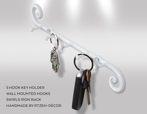 Farmhouse Small Key Holder for Wall, Wrought Iron Wall Mount Rack | Handcrafted Swirl Decorative, 5 Key Hooks for Home Entryway, Purse, Coat and Leash Holder or Organizer (Classic White) - style: Classic - W