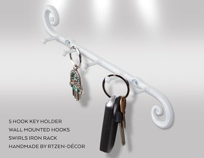 Farmhouse Small Key Holder for Wall, Wrought Iron Wall Mount Rack | Handcrafted Swirl Decorative, 5 Key Hooks for Home Entryway, Purse, Coat and Leash Holder or Organizer (Classic White) - style: Classic - W