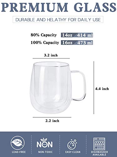 Kanwone Large Glass Coffee Mugs - 14 Ounce - Double Wall Insulated Glasses with Handle, Clear Glass Coffee Mugs, Perfect for Latte, Macchiato, Americano, Cappuccino, Tea and Beverage, Set of 2