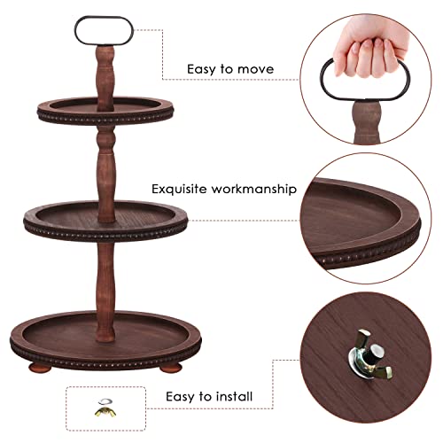 Urban Deco Wooden Tiered Tray 3-Tier Decorative Tray Stand Farmhouse Serving Tray, Round Wooden Cupcake Display Stand with Metal Handle, Brown Tiered Fruits Tray for Home Party Decorations - style: 3 tier-brown