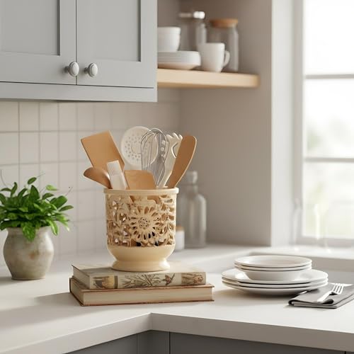 Farmhouse Kitchen Utensil Holder for Countertop, Ceramic Large Cooking Utensil Crock with Cork Mat, Decorative Rustic Utensil Holder for Kitchen Counter, Hollow Carving Flower, Beige | 6.9" Large Cooking Utensil Crock for Countertop, Decorative Rustic Ute