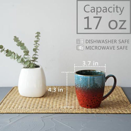 Bosmarlin Ceramic Coffee Mug Set of 4, 17 Oz, Coffee Cups with Big Handle, Microwave Safe, Unique Reactive Glaze (Blue&Red) - color: Blue&Red