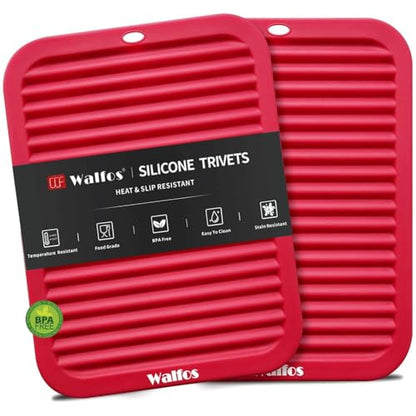 Walfos Silicone Trivets for Hot Pots and Pans - Heat Resistant Hot Pads for Kitchen Counter- Multi-Purpose & Versatile Trivet Mat - Long-Lasting & Flexible Silicone Hot Pad - style: 9x12in, 2 Red Rectangle