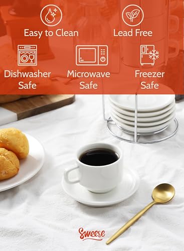 Sweese Porcelain Espresso Cups Set, 4 oz Stackable Cups with Saucers Metal Stand, Set of 4, White - color: White, size: 4 Ounces