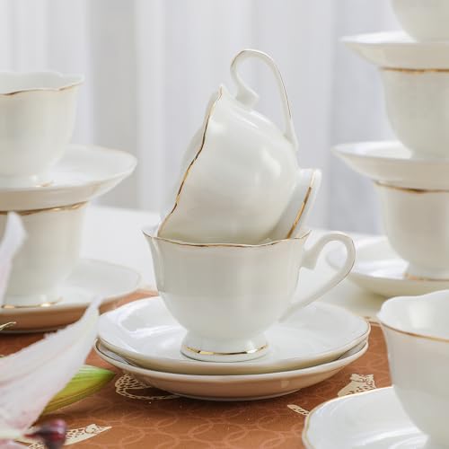 White Porcelain 75ml Demitasse Set of 8 (16-Piece) - 2.5oz Espresso Cups & Saucers, Elegant White & Gold Trim Coffee Set for Turkish Coffee, After Dinner, Gift Giving - size: 2.5oz