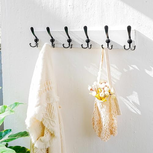 Coat Rack Wall Mounted - 24" Long 6 Tri Hooks, Heavy Duty Wooden Wall Coat Hanger Coat Hook for Clothes Hat Jacket Clothing, White and Black - color: White & Black, size: L=24"