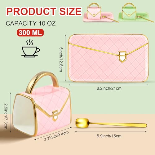 Zubebe 2 Set Coffee Mug Elegant Handbag Shaped Cup Modern Ceramic Purse Mug with Spoon and Saucer, 10oz Cute Creative Tea Cup for Woman Girls Gift (Light Green,Pink) - color: Light Green,Pink