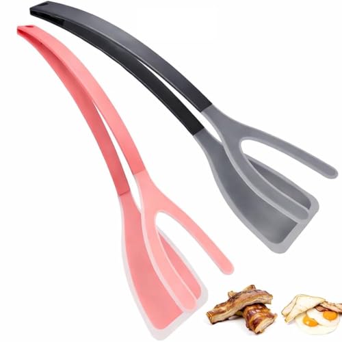 Silicone Spatula Tongs Set of 2 – Heat Resistant 2-in-1 Non-Stick Cooking & Flip Tongs for Pancakes, Eggs, Fish, Grilling & Baking – Durable Silicone Kitchen Utensils Set 2 (Black & Red)